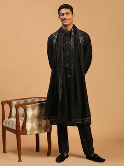 Vastramay - Men Black Mirror Work Nehru Jacket With Kurta, Pyjama & Mirror Dupatta Set