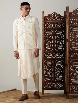 Vastramay - Men Black Mirror Work Nehru Jacket With Cream Viscose Kurta & Pyjama
