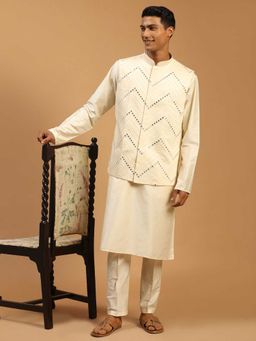 Vastramay - Men Cream Mirror Work Nehru Jacket With Self Design Viscose Kurta & Pyjama