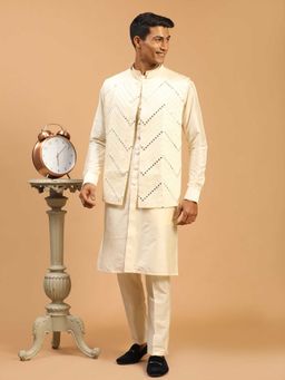 Vastramay - Men Cream Mirror Work Nehru Jacket With Viscose Kurta & Pyjama