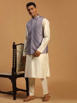 Vastramay - Men Onion Mirror Work Nehru Jacket With Cream Viscose Kurta & Pyjama
