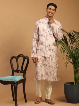 Vastramay - Men Purple Floral Nehru Jacket With Cream Viscose Kurta & Pyjama