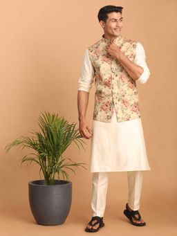 Vastramay - Men Chiku Floral Print Silk Nehru Jacket With Cream Kurta & Viscose Pyjama