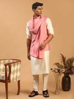 Vastramay - Men Pink Sequin Nehru Jacket With Cream Kurta, Pyjama & Pink Dupatta Set
