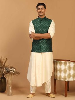 Vastramay - Men Green Embroidered Nehru Jacket With Cream Self Design Kurta & Viscose Pyjama