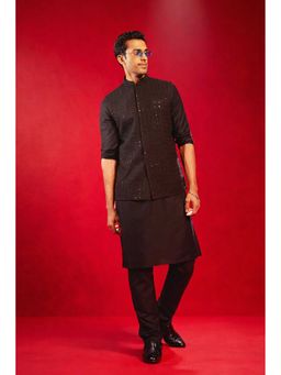 Vastramay - Men Black Sequin Embroidery Nehru Jacket With Silk Kurta & Viscose Pyjama