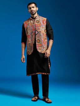 Vastramay - Men Chiku Embroidered Nehru Jacket With Black Printed Kurta & Fine Satin Pyjama