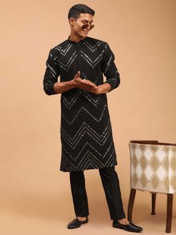 Vastramay - Men Black Georgette Mirror Work Kurta With Fine Satin Pyjama