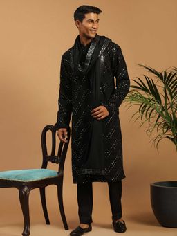 Vastramay - Men Black Mirror Work Georgette Kurta With Satin Pyjama & Mirror Work Dupatta