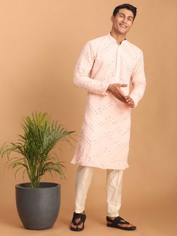 Vastramay - Men Pink Embroidered Georgette Kurta With Cream Pyjama