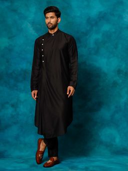 Vastramay - Men Black Asymmetric Viscose Kurta With Pyjama
