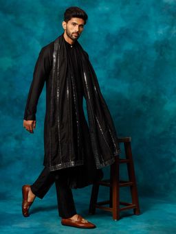 Vastramay - Men Black Asymmetric Viscose Kurta With Pyjama & Mirror Work Dupatta