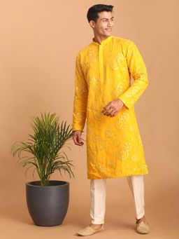 Vastramay - Men Yellow Embroidered Georgette Kurta With Cream Satin Pyjama