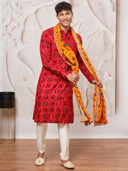 Vastramay - Men Red Patola Print Silk Blend Kurta With Pyjama & Yellow Printed Dupatta