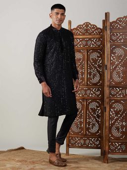 Vastramay - Men Black Sequin Georgette Kurta With Black Fine Satin Pyjama