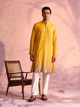 Vastramay - Men Yellow Embellished Georgette Kurta With Cream Fine Satin Pyjama