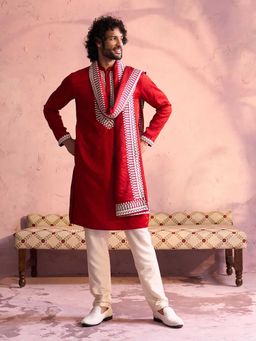 Vastramay - Men Red Embroidery Kurta With Fine Satin Pyjama & Dupatta