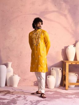 Vastramay - Men Yellow Embroidered Cotton Kurta With Cream Fine Satin Pyjama
