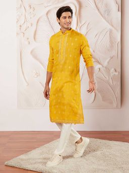 Vastramay - Men Yellow Embroidered Fendi Silk Kurta with Cream Pyjama