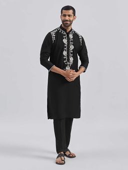 Vastramay - Men Black Embroidered Viscose Kurta with Black Pyjama