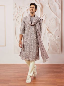 Vastramay - Men Lavender Floral Embroidered Georgette Kurta With Satin Pyjama & Dupatta