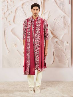 Vastramay - Men Maroon Floral Embroidered Georgette Kurta With Satin Pyjama & Dupatta