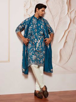 Vastramay - Men Turquoise Bird & Tree Embroidered Silk Kurta With Satin Pyjama & Dupatta