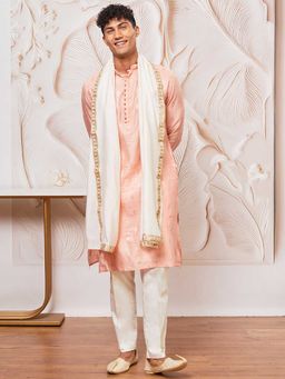 Vastramay - Men Pink Jacquard Zari Kurta With Viscose Pyjama & Lace Border Dupatta