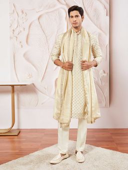 Vastramay - Men Cream Tissue Silk Zari Kurta With Satin Pyjama & Lace Dupatta