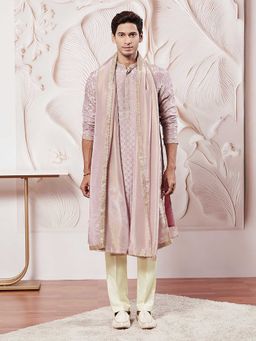 Vastramay - Men Lavender Tissue Silk Zari Kurta With Satin Pyjama & Lace Dupatta