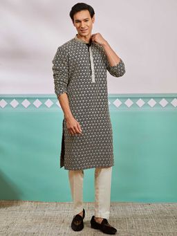 Vastramay - Men Black Embroidered Rayon Kurta With Cream Pyjama