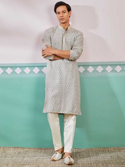 Vastramay - Men Grey Embroidered Rayon Kurta With Cream Pyjama