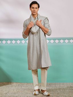Vastramay - Men Grey Embroidered Rayon Kurta With Cream Pyjama & Grey Dupatta