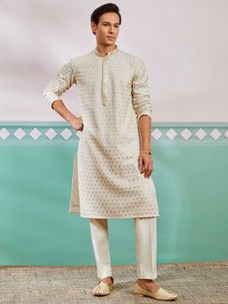 Vastramay - Men Off White Embroidered Rayon Kurta With Cream Pyjama