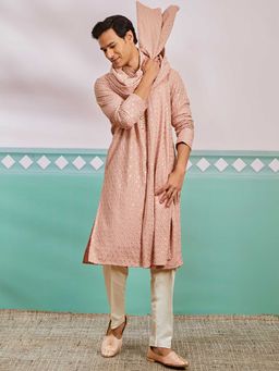 Vastramay - Men Peach Embroidered Rayon Kurta With Cream Pyjama & Peach Dupatta