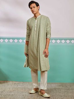 Vastramay - Men Pista Green Embroidered Rayon Kurta With Cream Pyjama & Pista Dupatta