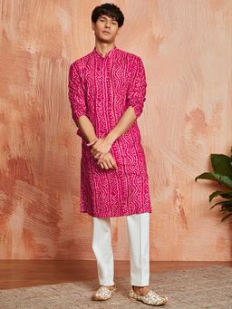 Vastramay - Men Falsa Foil Bandhani Printed Rayon Kurta With Cream Pyjama