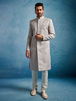 Vastramay - Men Grey Kenzo Jacquard Silk Blend Sherwani With Cream Pyjama