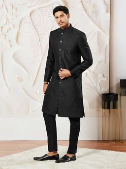 Vastramay - Men Black Kalka Jacquard Sherwani With Viscose Pyjama
