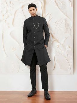 Vastramay - Men Black Kalka Jacquard Silk Blend Sherwani With Black Pyjama