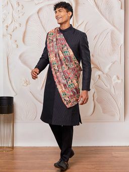 Vastramay - Men Black Kalka Jacquard Sherwani With Viscose Pyjama & Multicolor Paisley Dupatta