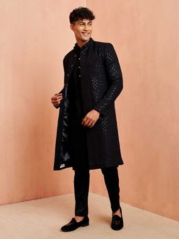 Vastramay - Men Black Sequin Embroidered Sherwani With Kurta & Pyjama