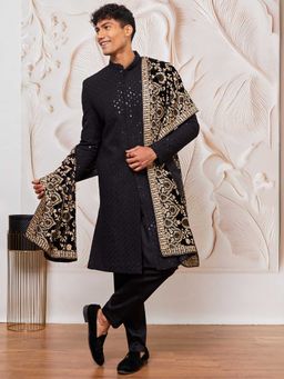 Vastramay - Men Black Sequin Sherwani With Kurta, Pyjama & Dupatta