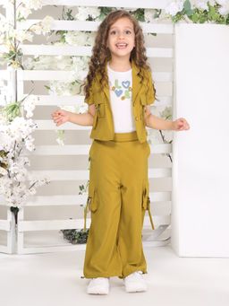 Mini Stitch - Half Sleeves T-Shirt With Solid Jacket Co-Ord- Olive (Set of 3)