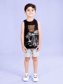KiddoPanti - Boys Cotton Sleeveless Printed Tee and Cargo Shorts Black (Set of 2)