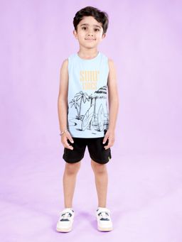 KiddoPanti - Boys Cotton Sleeveless Printed Tee and Cargo Shorts Blue (Set of 2)
