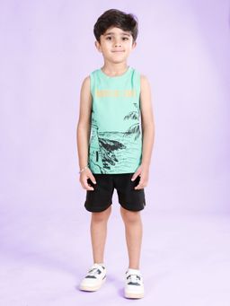 KiddoPanti - Boys Cotton Sleeveless Printed Tee and Cargo Shorts Blue (Set of 2)