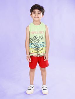 KiddoPanti - Boys Cotton Sleeveless Printed Tee and Cargo Shorts Green (Set of 2)