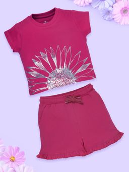 KiddoPanti - Girls Cotton Printed Round Neck Tee with Hem Frill Pink Shorts (Set of 2)