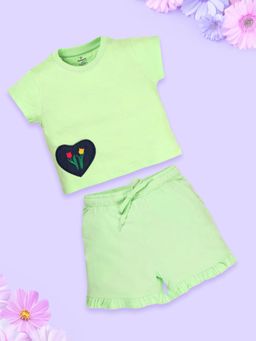 KiddoPanti - Girls Cotton Round Neck Tee with Heart Applique Shorts Green (Set of 2)